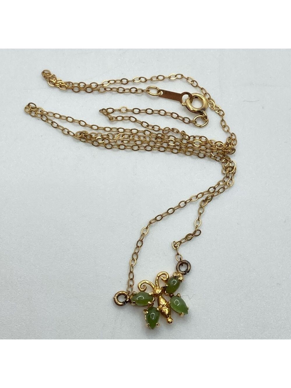 Vtg ECCO Jade Butterfly Pendant Chain Gold Filled 18”